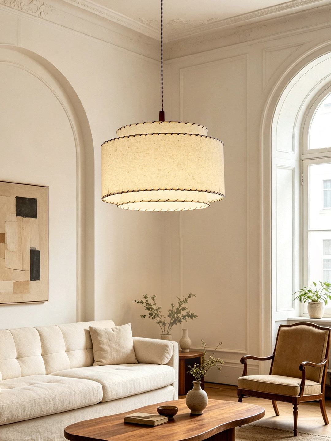 Tiered Linen Look Fabric Pendant Light Wood Canopy 15.7 in Set of 2 5