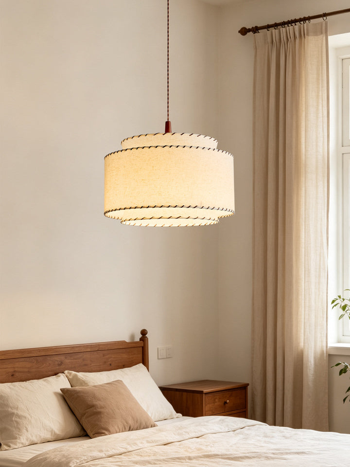 Tiered Linen Look Fabric Pendant Light Wood Canopy 15.7 in Set of 2 6
