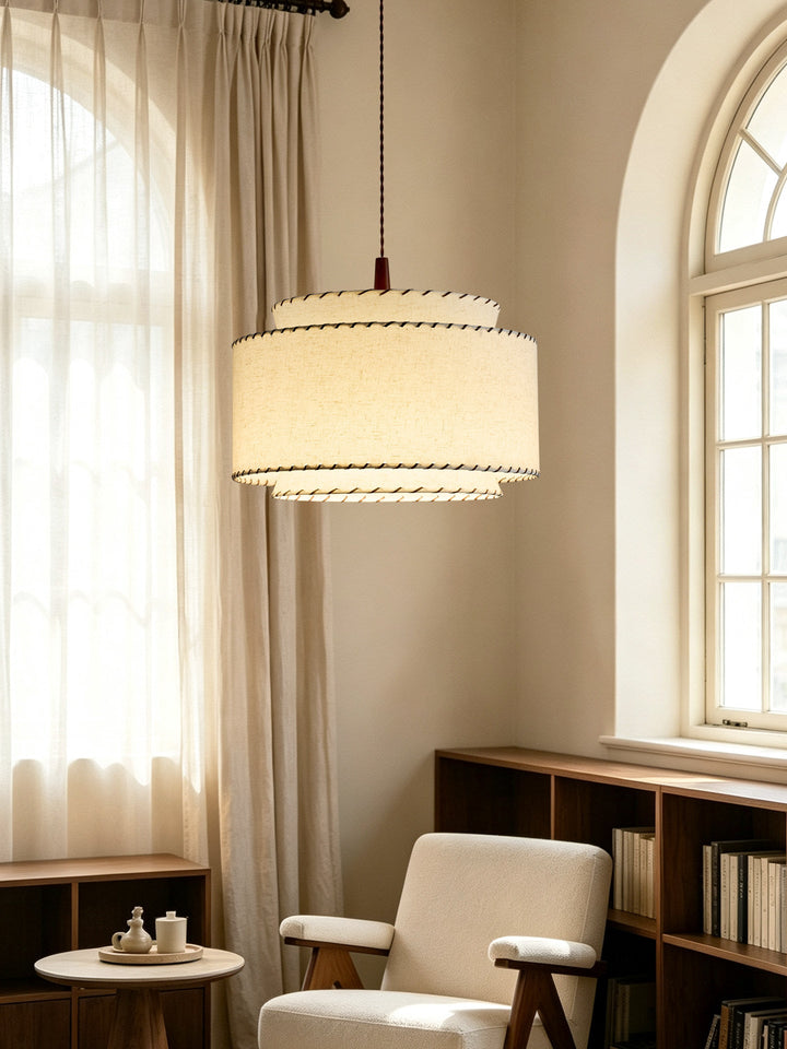 Tiered Linen Look Fabric Pendant Light Wood Canopy 15.7 in Set of 2 7