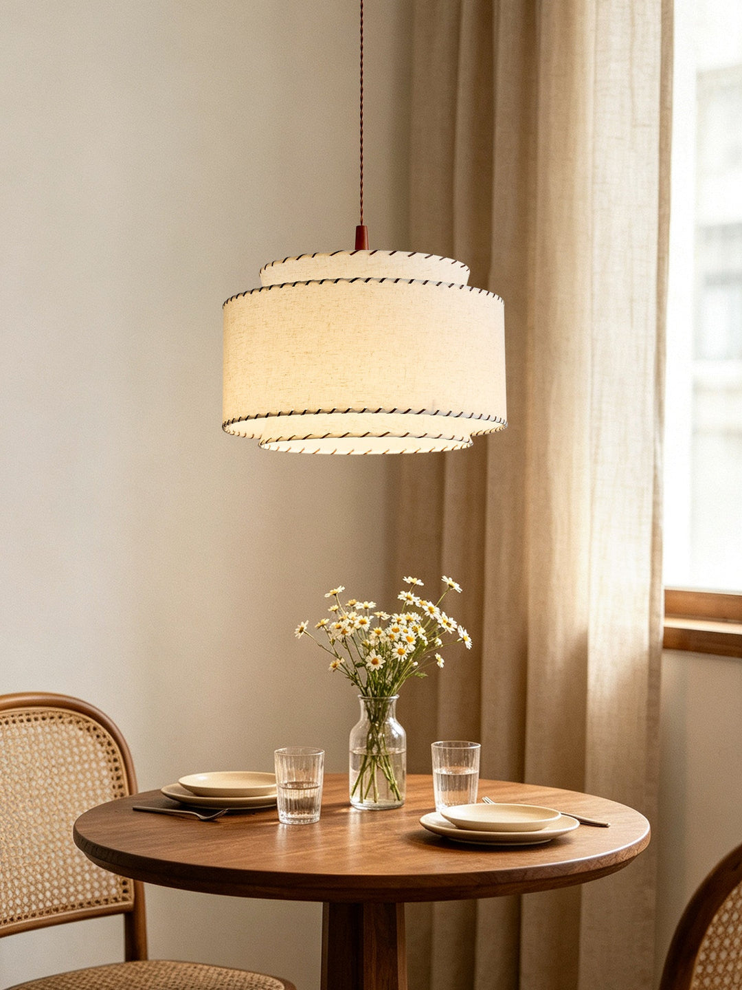 Tiered Linen Look Fabric Pendant Light Wood Canopy 15.7 in Set of 2 8