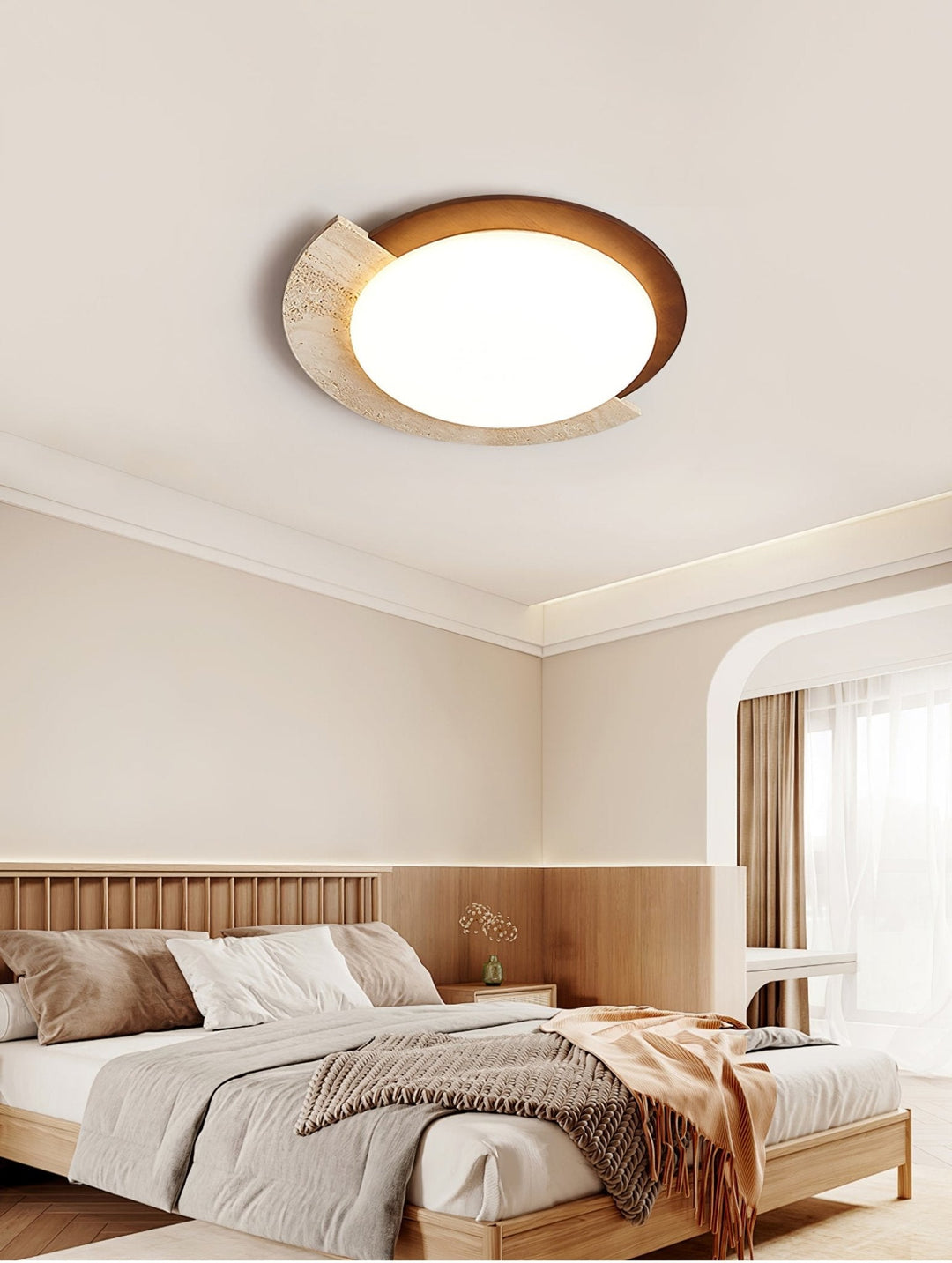 Travertine and Walnut Ceiling Light Crescent Ring 17.7 in Set of 2 3