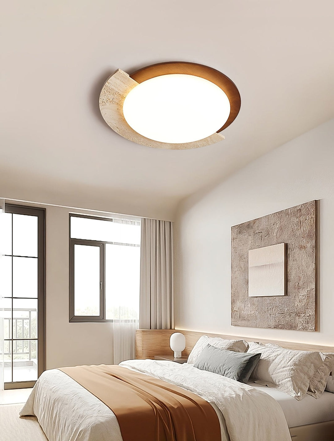 Travertine and Walnut Ceiling Light Crescent Ring 17.7 in Set of 2 4