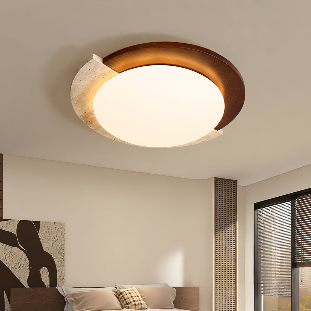 Travertine and Walnut Ceiling Light Crescent Ring 17.7 in Set of 2 5