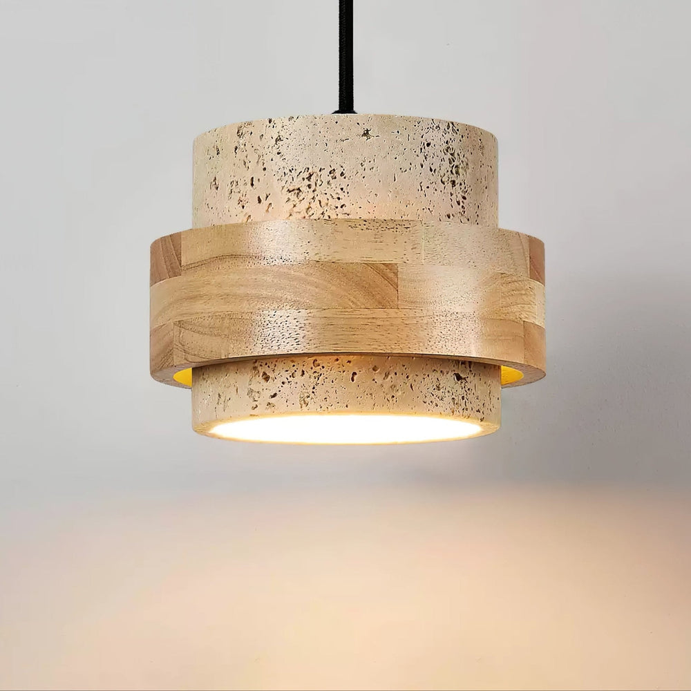 Travertine and Wood Cylinder Mini Pendant Light 6.7 in 2