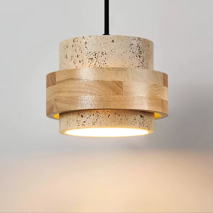 Travertine and Wood Cylinder Mini Pendant Light 6.7 in 2