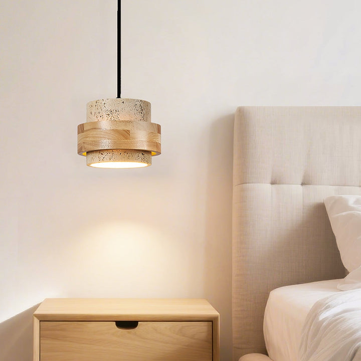 Travertine and Wood Cylinder Mini Pendant Light 6.7 in 3