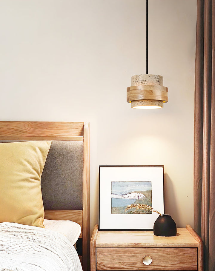 Travertine and Wood Cylinder Mini Pendant Light 6.7 in 4