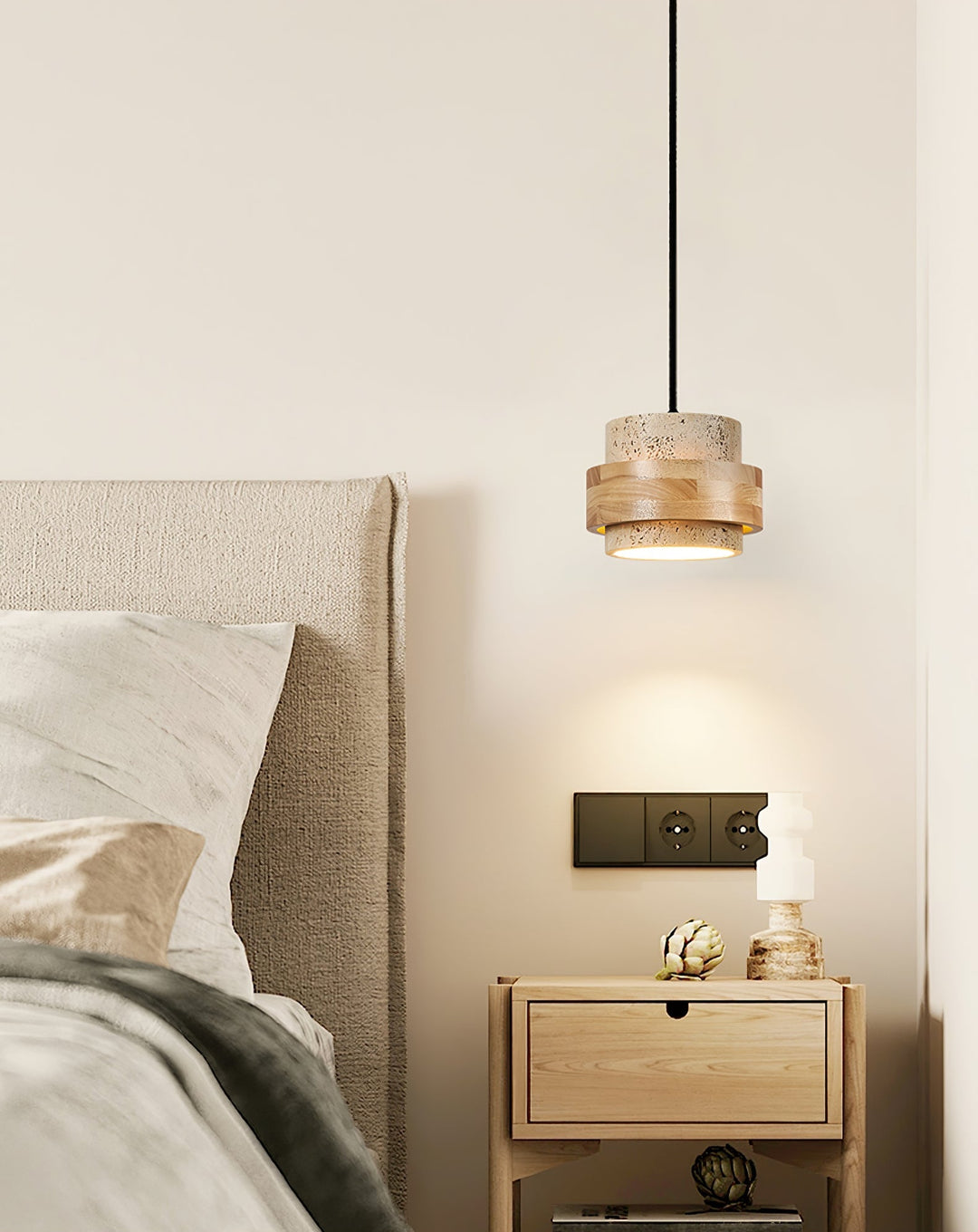 Travertine and Wood Cylinder Mini Pendant Light 6.7 in 5