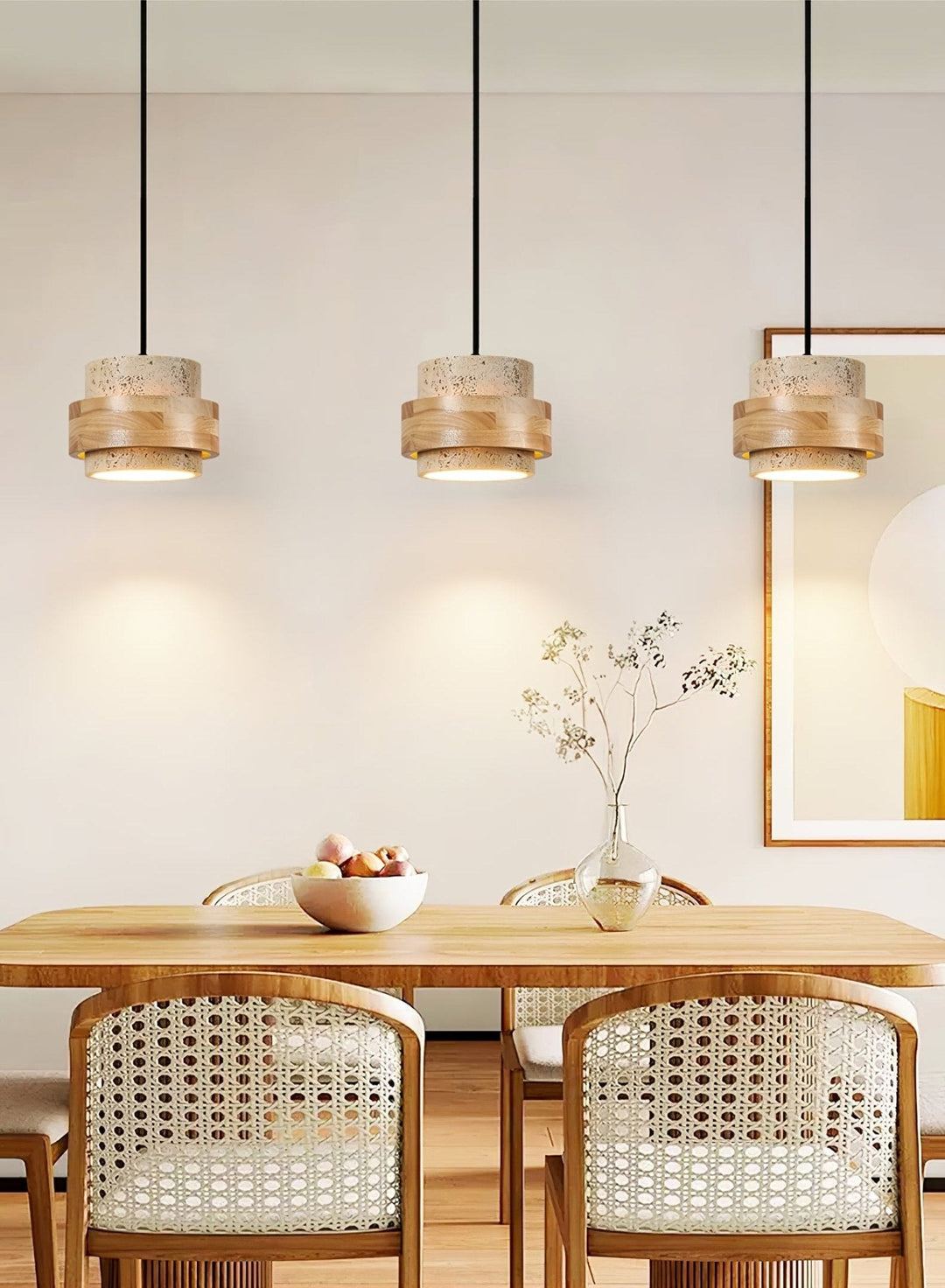 Travertine and Wood Cylinder Mini Pendant Light 6.7 in 6