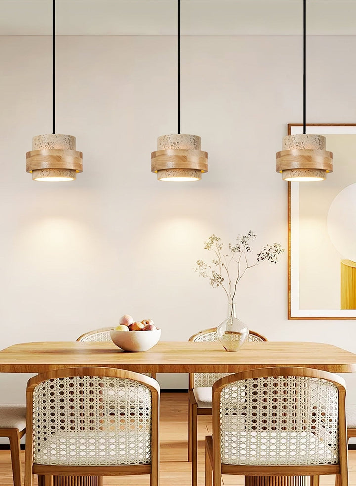 Travertine and Wood Cylinder Mini Pendant Light 6.7 in 6