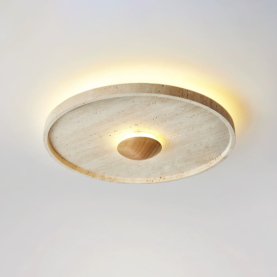Travertine and Wood Round Ceiling Light Flush Mount 16.5 in Set of 2 3