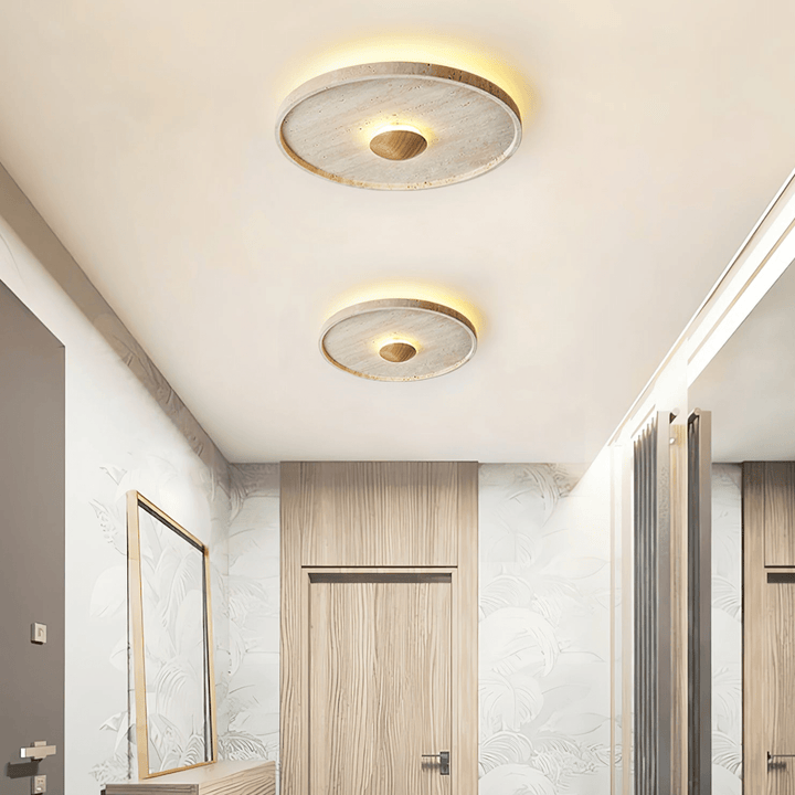 Travertine and Wood Round Ceiling Light Flush Mount 16.5 in Set of 2 7