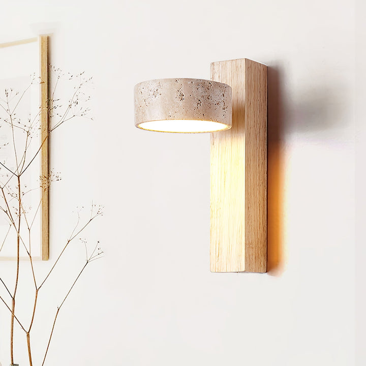 Travertine and Wood Wall Lamp Round Stone Head 9.1 in Set of 3 2