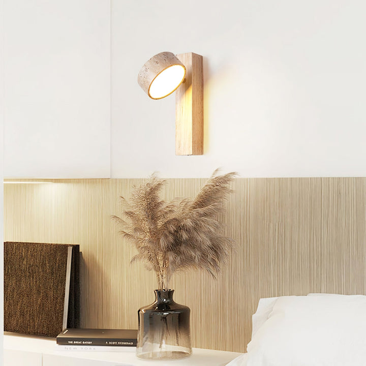 Travertine and Wood Wall Lamp Round Stone Head 9.1 in Set of 3 3