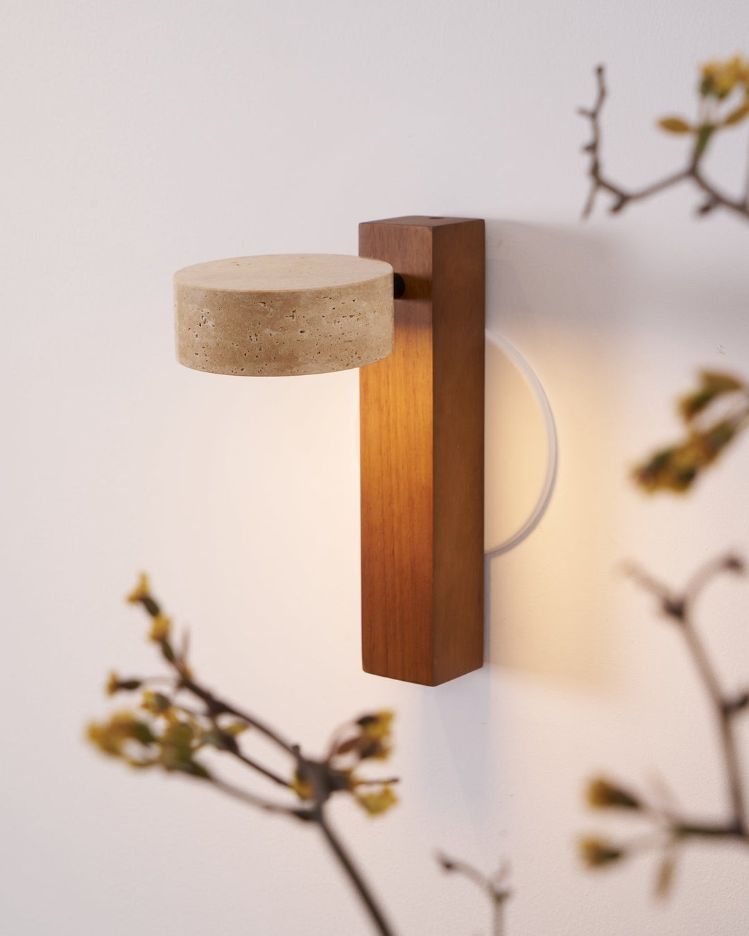 Travertine and Wood Wall Lamp Round Stone Head 9.1 in Set of 3 4