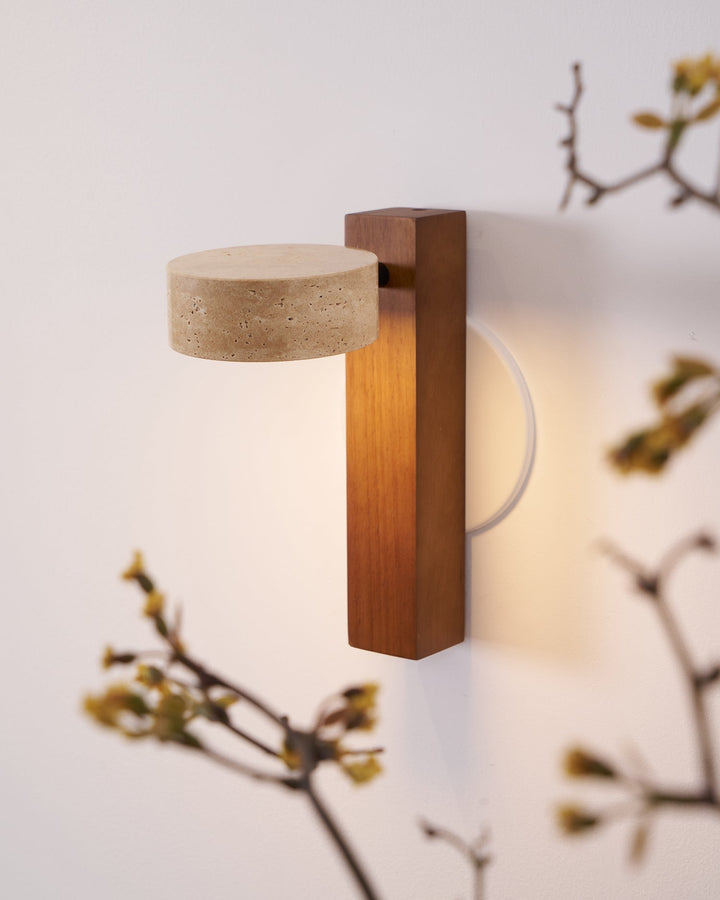 Travertine and Wood Wall Lamp Round Stone Head 9.1 in Set of 3 4