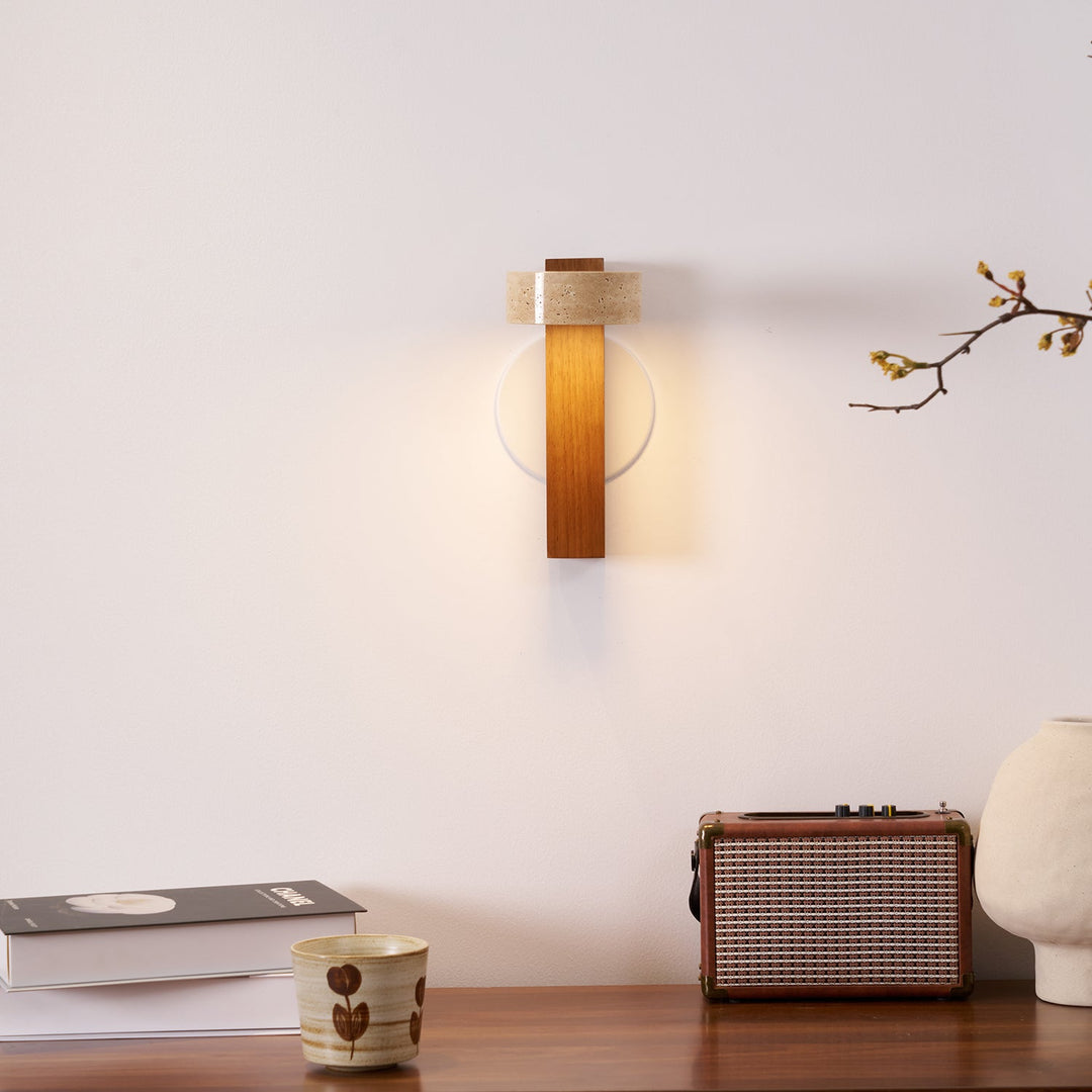 Travertine and Wood Wall Lamp Round Stone Head 9.1 in Set of 3 5