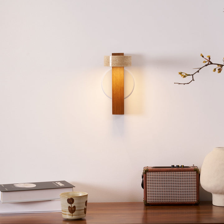 Travertine and Wood Wall Lamp Round Stone Head 9.1 in Set of 3 5