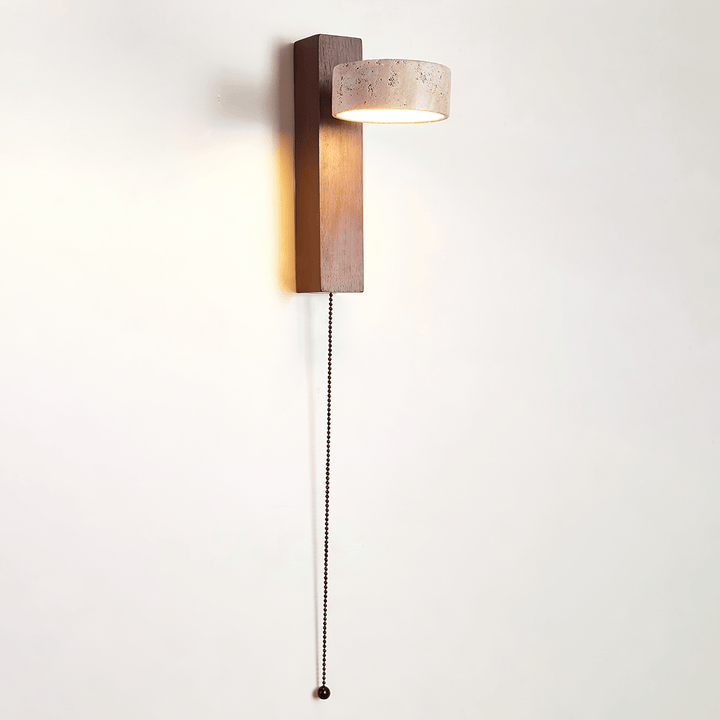 Travertine and Wood Wall Lamp Round Stone Head 9.1 in Set of 3 Walnut and Yellow Travertine 1