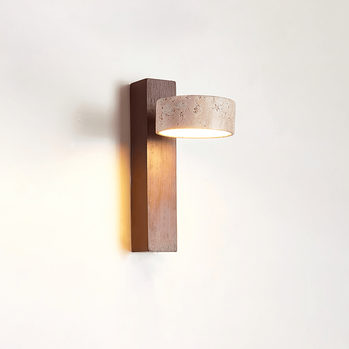Travertine and Wood Wall Lamp Round Stone Head 9.1 in Set of 3 Walnut and Yellow Travertine 2