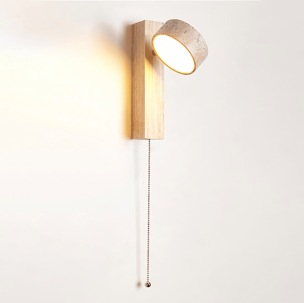 Travertine and Wood Wall Lamp Round Stone Head 9.1 in Set of 3 Wood and Yellow Travertine 1