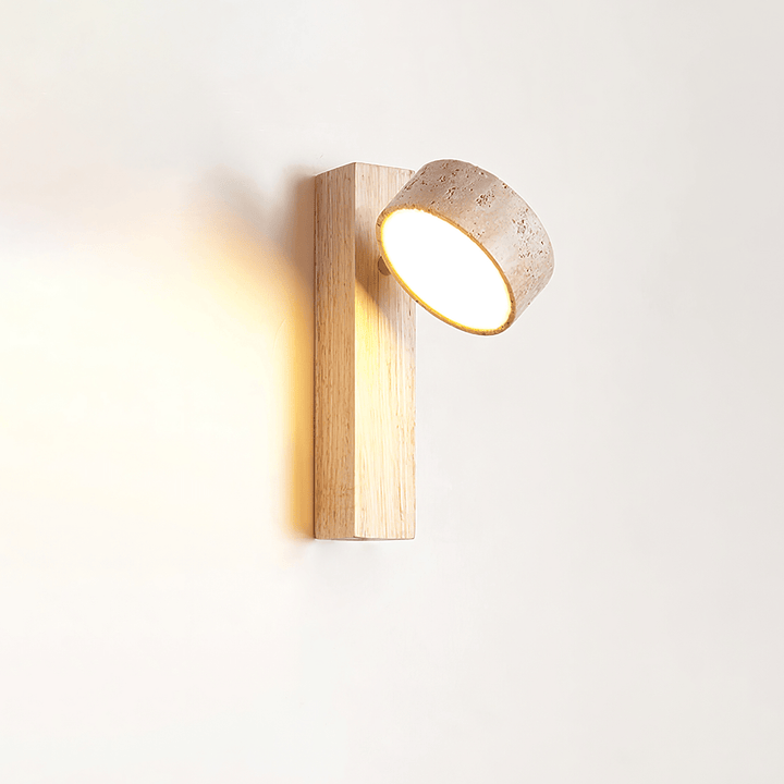 Travertine and Wood Wall Lamp Round Stone Head 9.1 in Set of 3 Wood and Yellow Travertine 2