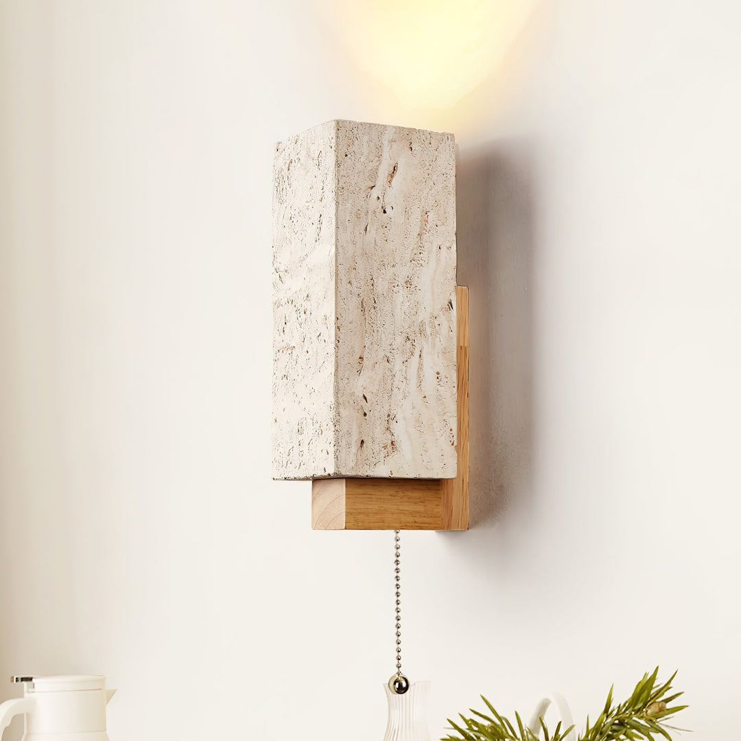 Travertine Block Wall Sconce Wood Back Pull Chain 11.4 in 2