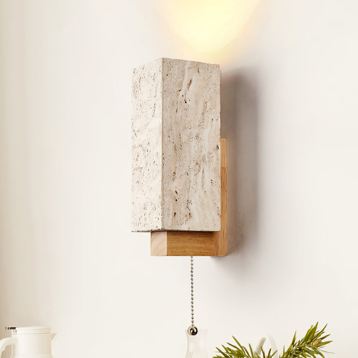 Travertine Block Wall Sconce Wood Back Pull Chain 11.4 in 2