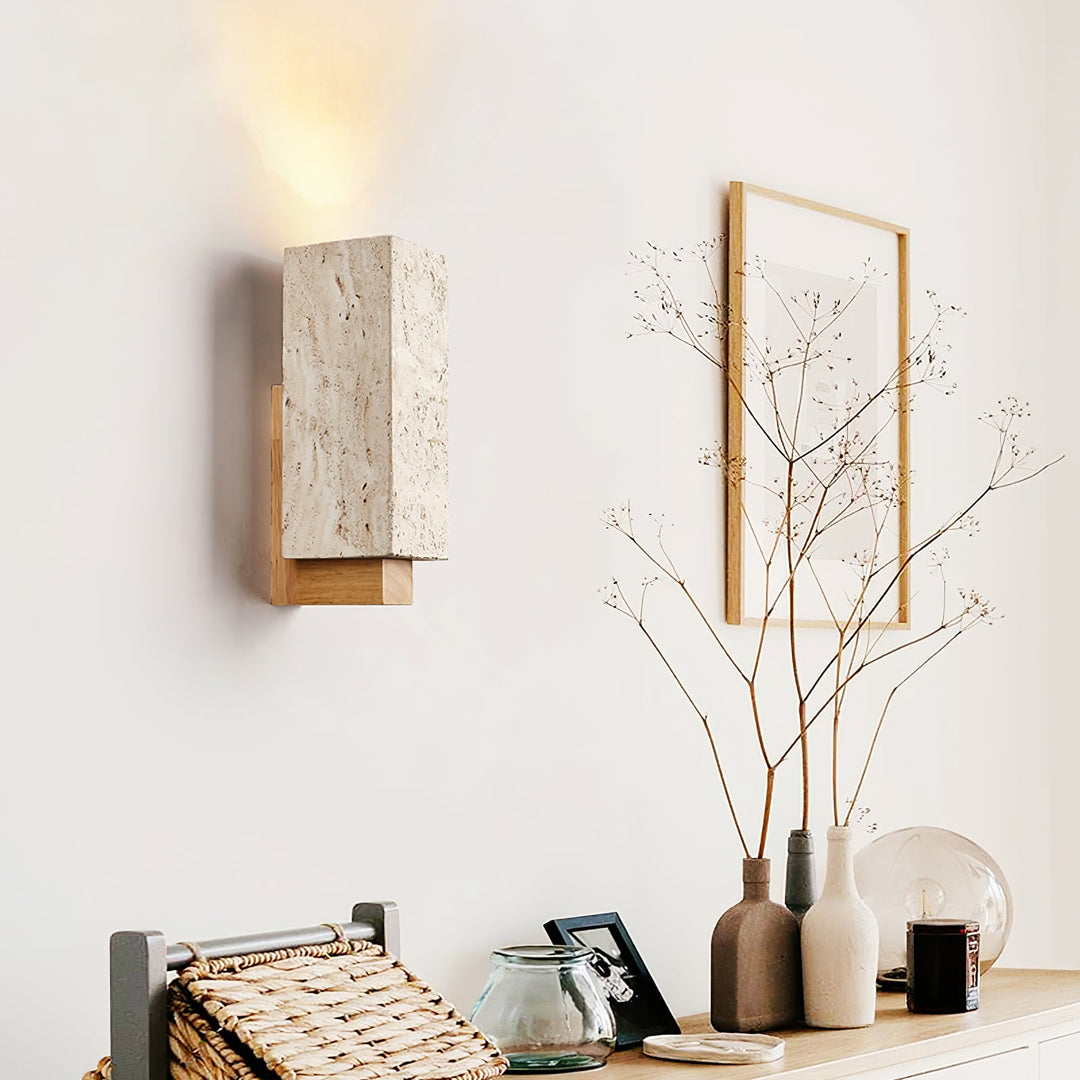 Travertine Block Wall Sconce Wood Back Pull Chain 11.4 in 3