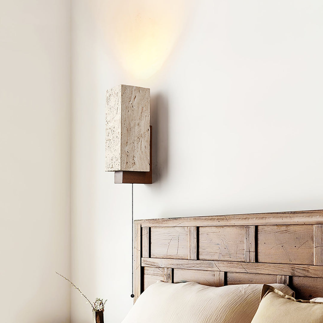 Travertine Block Wall Sconce Wood Back Pull Chain 11.4 in 4