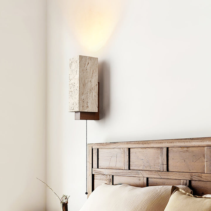 Travertine Block Wall Sconce Wood Back Pull Chain 11.4 in 4