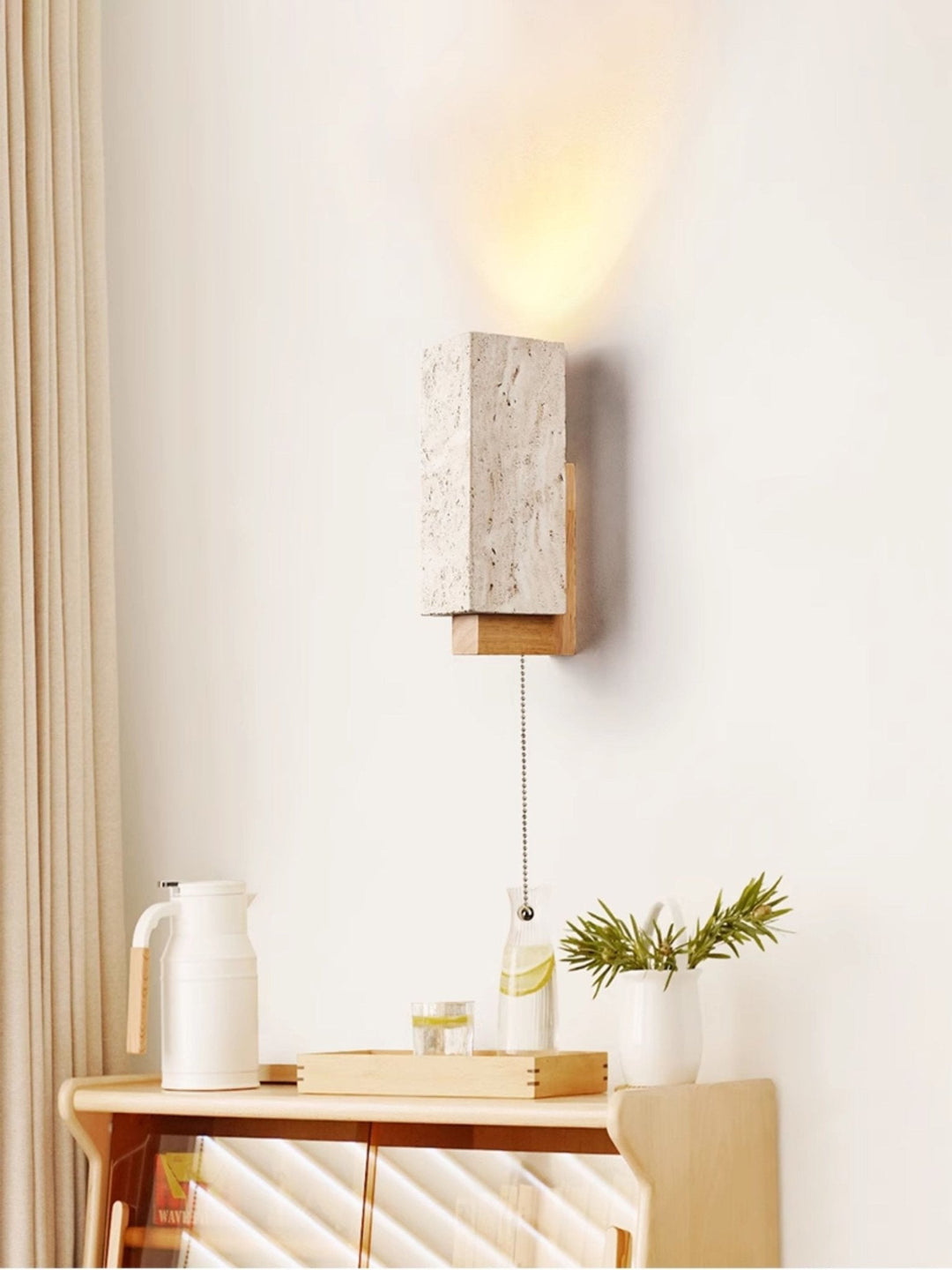 Travertine Block Wall Sconce Wood Back Pull Chain 11.4 in 5