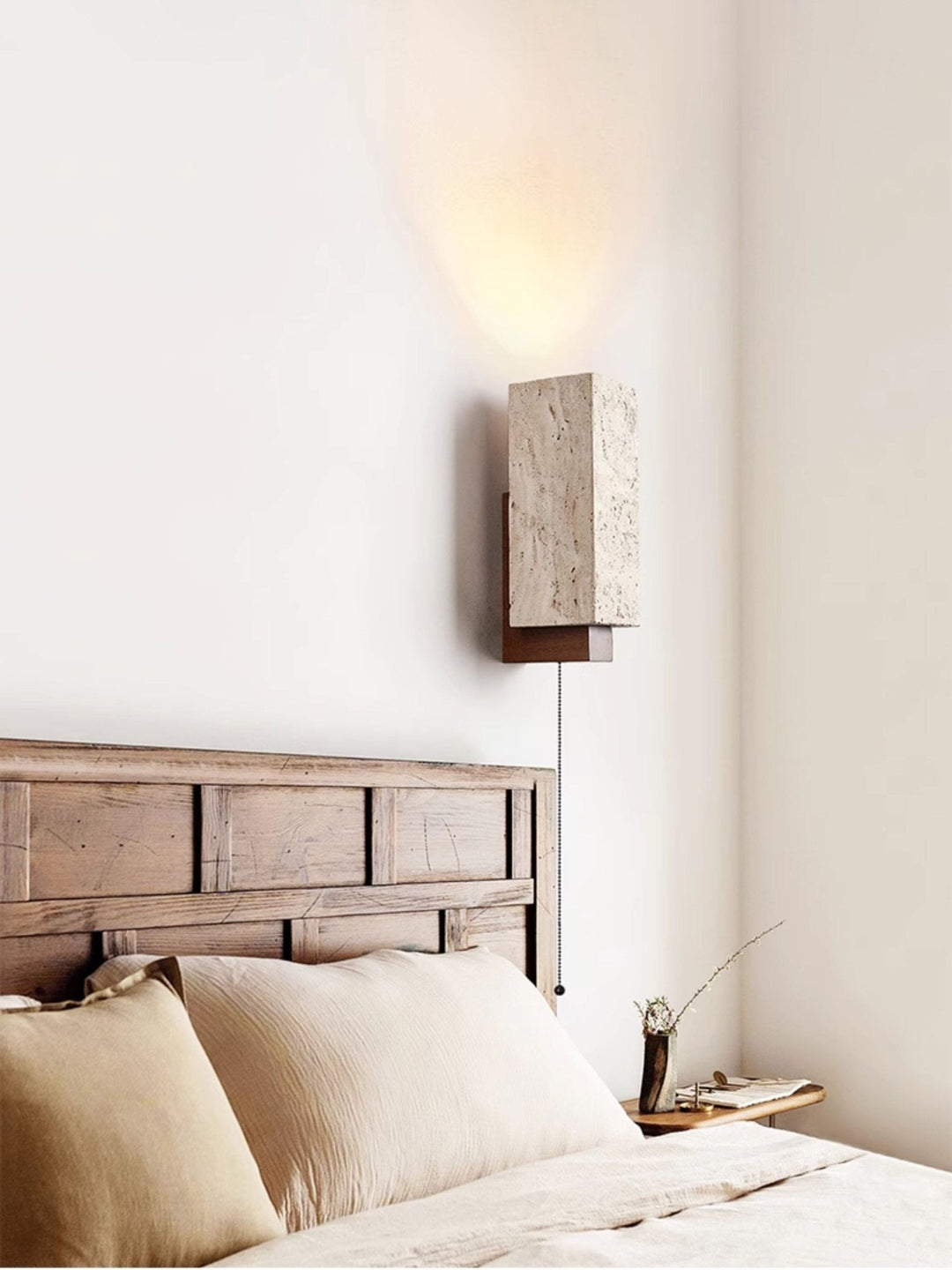 Travertine Block Wall Sconce Wood Back Pull Chain 11.4 in 6