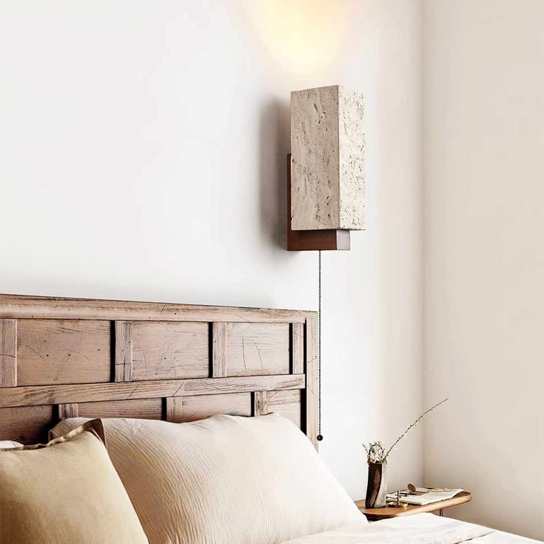 Travertine Block Wall Sconce Wood Back Pull Chain 11.4 in 7