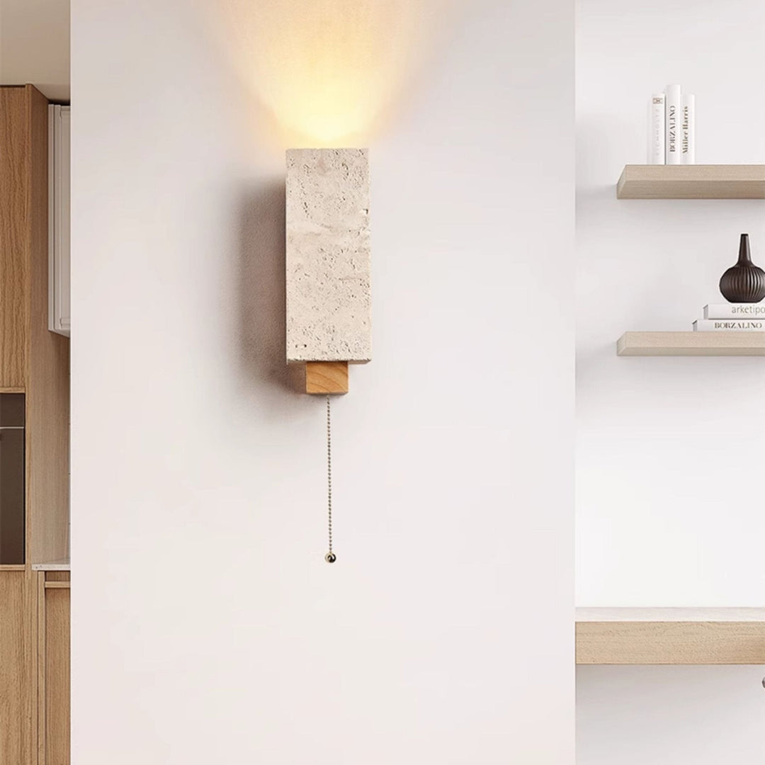 Travertine Block Wall Sconce Wood Back Pull Chain 11.4 in 8