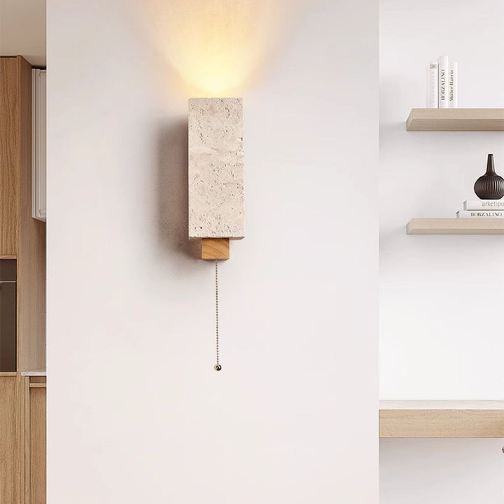 Travertine Block Wall Sconce Wood Back Pull Chain 11.4 in 8