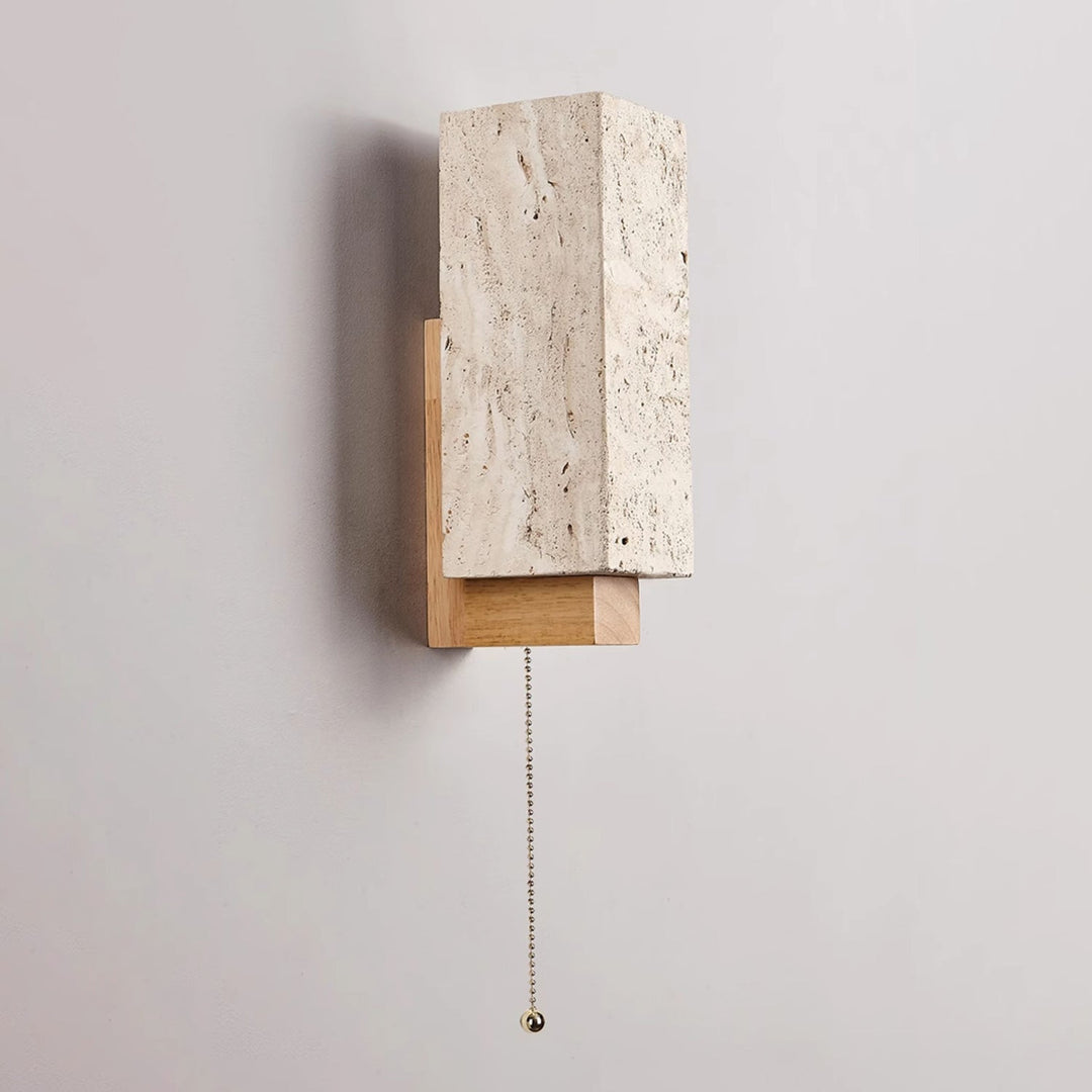 Travertine Block Wall Sconce Wood Back Pull Chain 11.4 in Natural Wood and Travertine 1