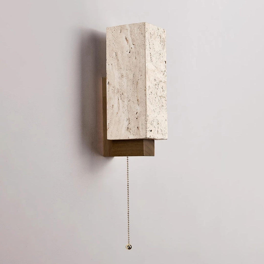 Travertine Block Wall Sconce Wood Back Pull Chain 11.4 in Walnut and Travertine 1