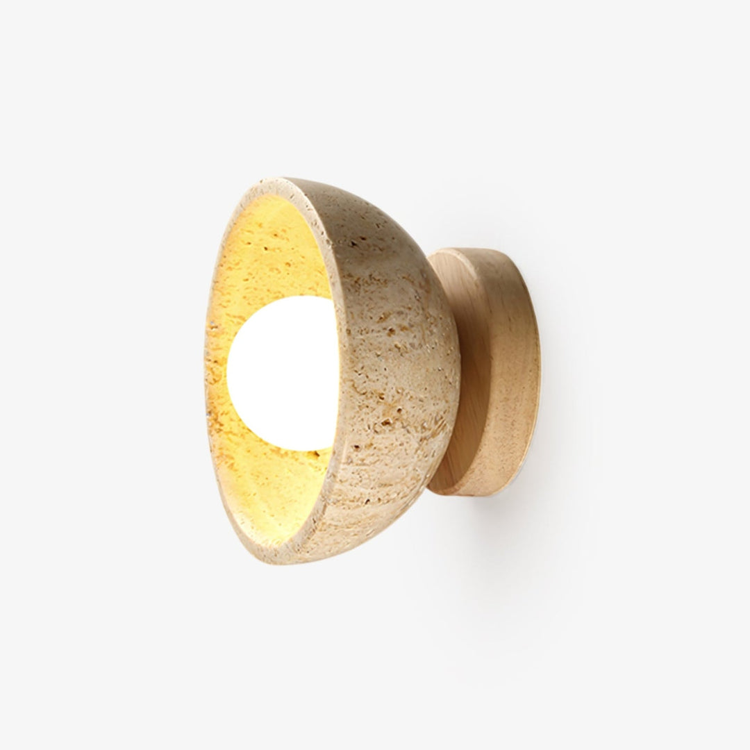 Travertine Bowl Wall Sconce Yellow Stone and Wood 5.9 in 1