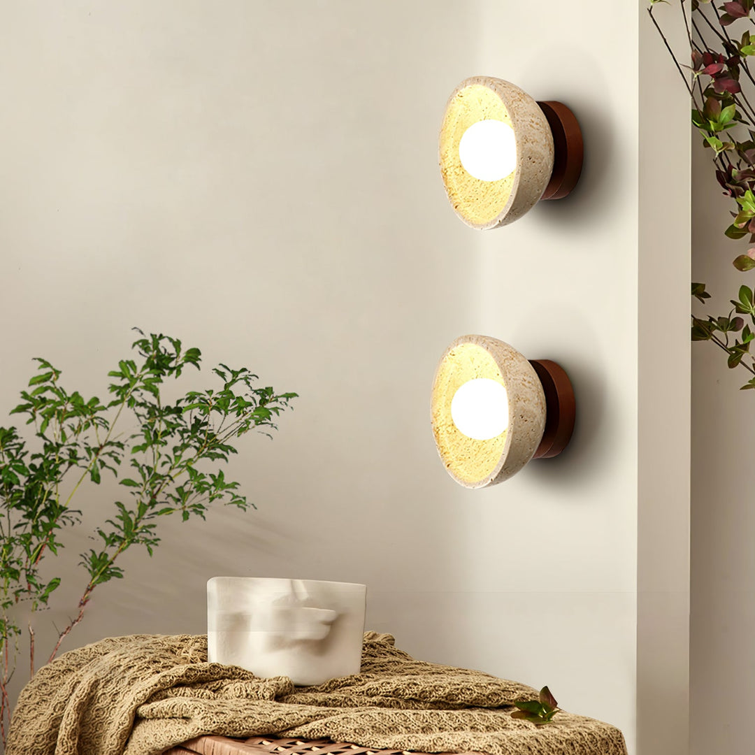 Travertine Bowl Wall Sconce Yellow Stone and Wood 5.9 in 2