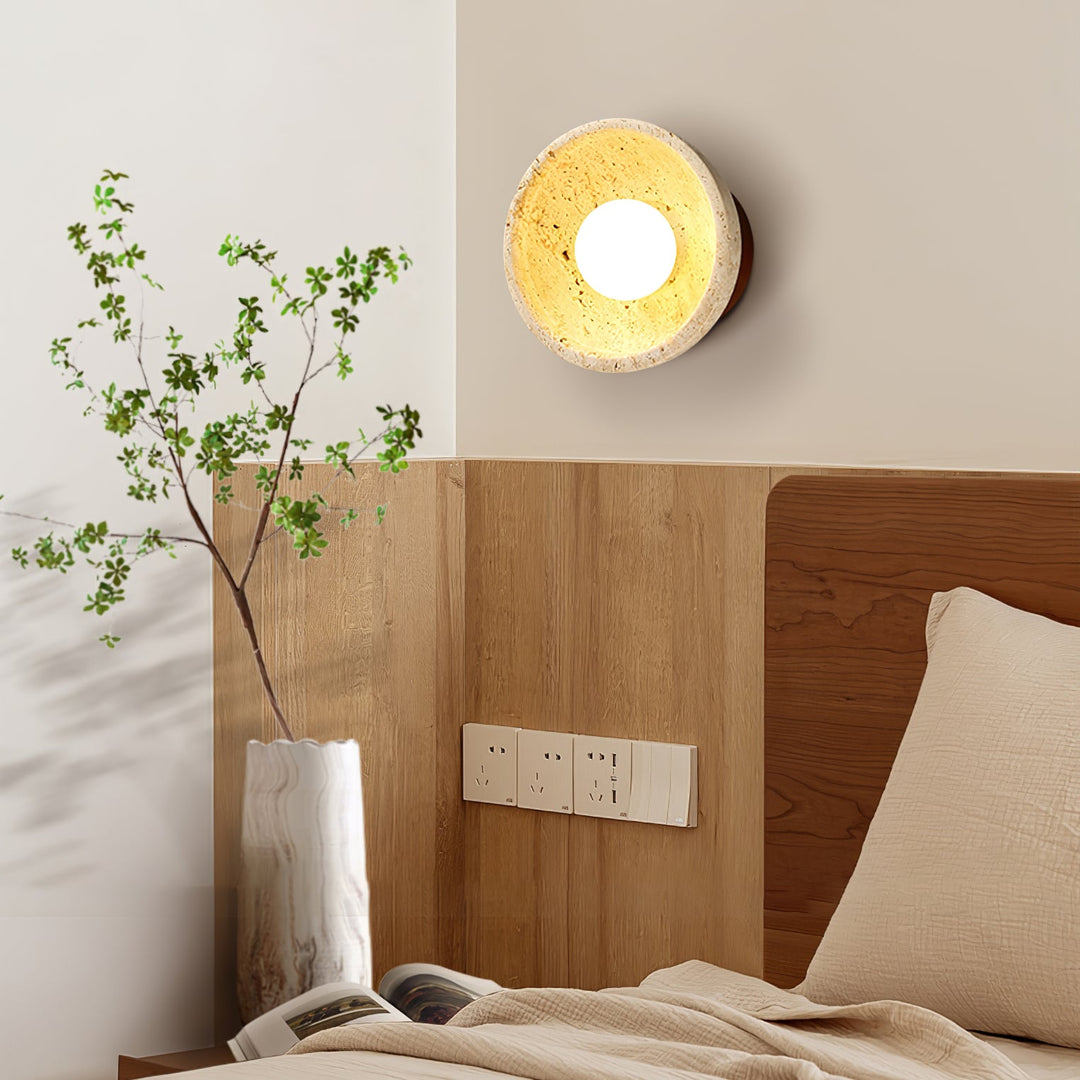 Travertine Bowl Wall Sconce Yellow Stone and Wood 5.9 in 4