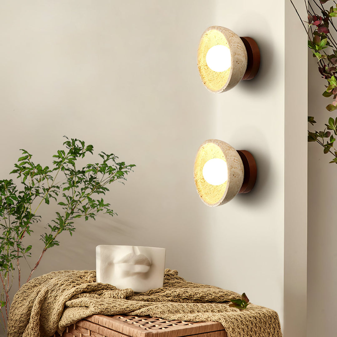 Travertine Bowl Wall Sconce Yellow Stone and Wood 5.9 in 5