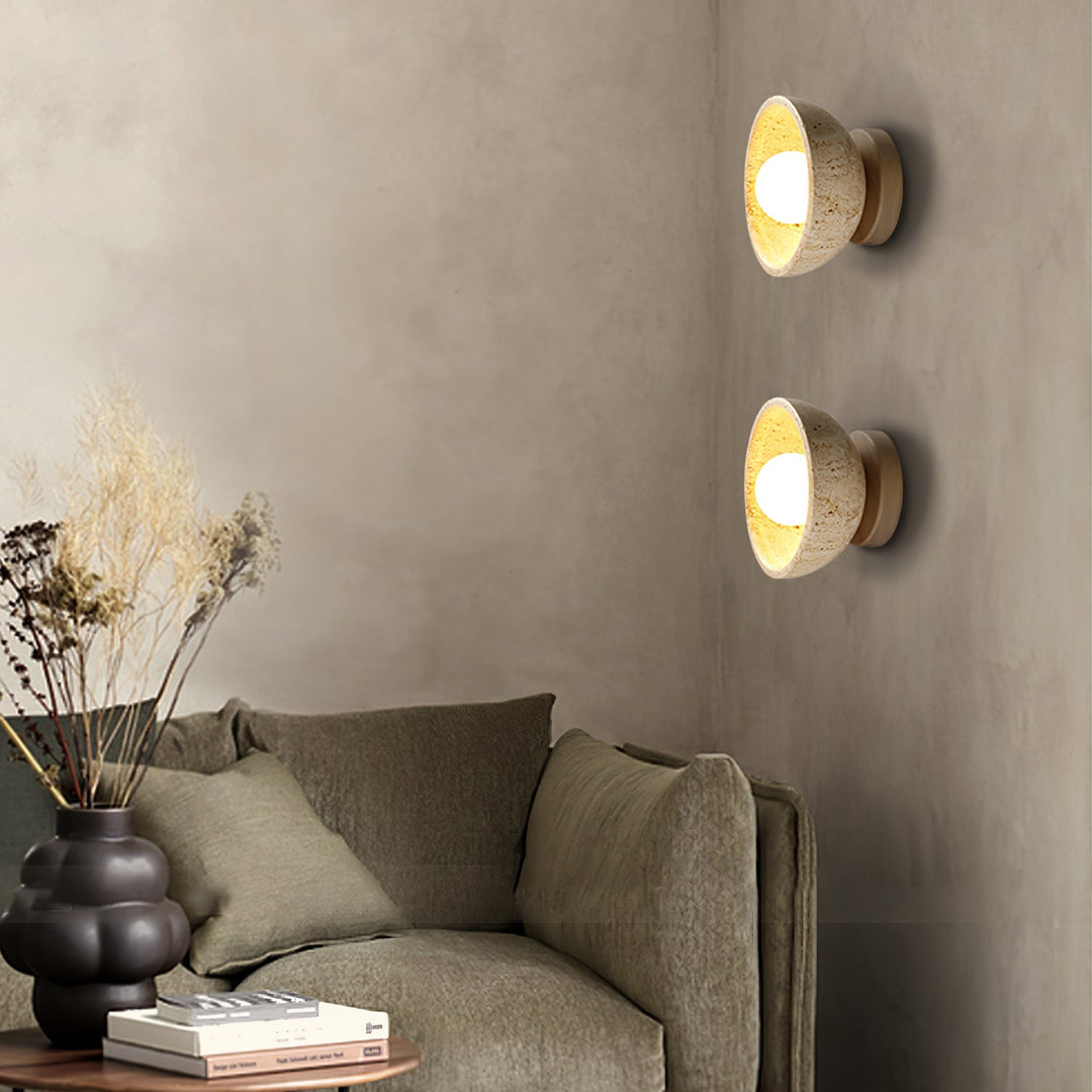 Travertine Bowl Wall Sconce Yellow Stone and Wood 5.9 in 6