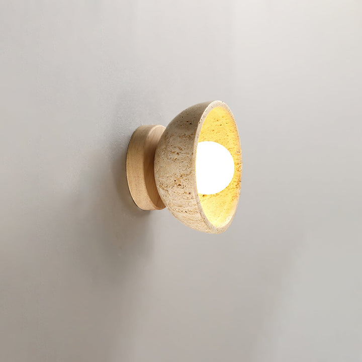 Travertine Bowl Wall Sconce Yellow Stone and Wood 5.9 in Natural Wood and Yellow Travertine 1