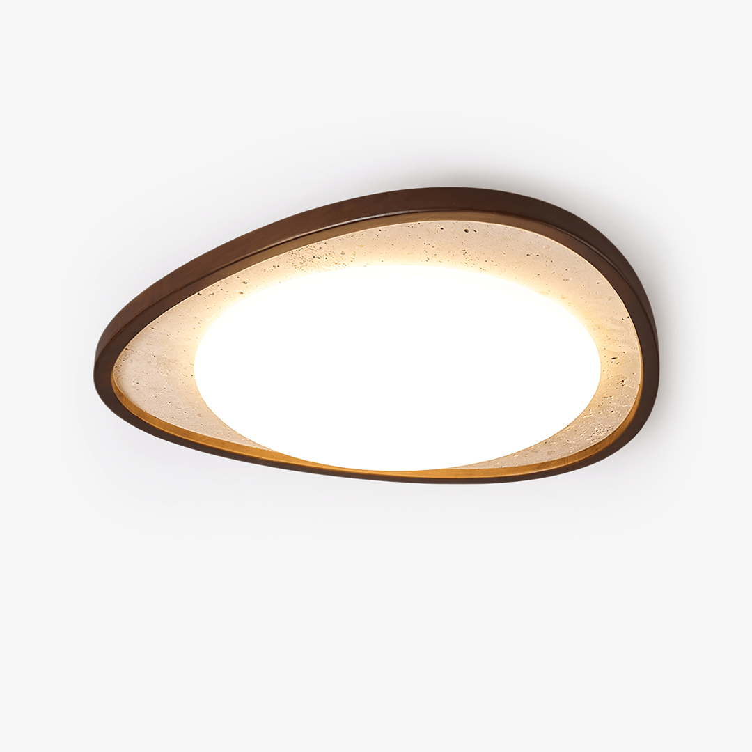 Travertine Ceiling Light Pebble Shape Walnut Rim 22.8 in Set of 2 1