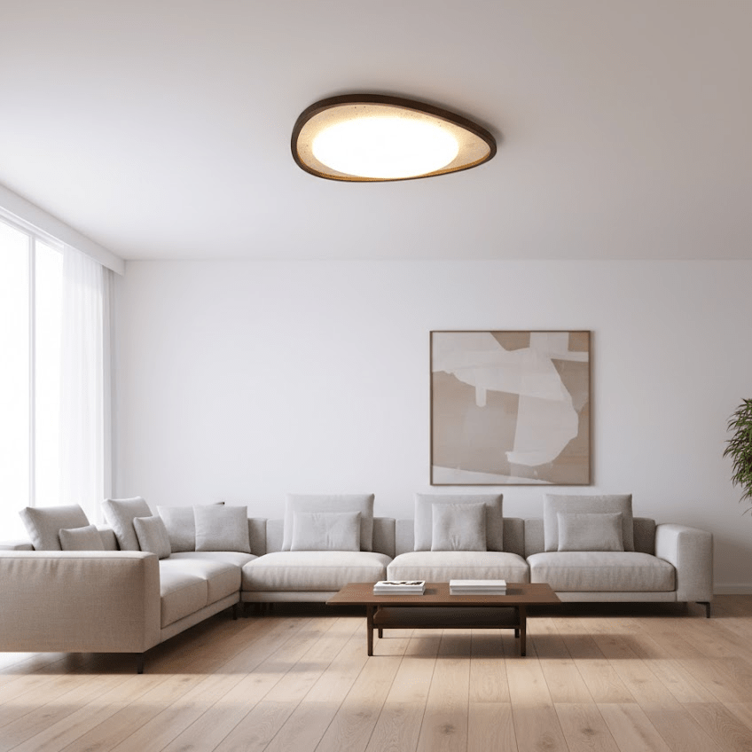 Travertine Ceiling Light Pebble Shape Walnut Rim 22.8 in Set of 2 4