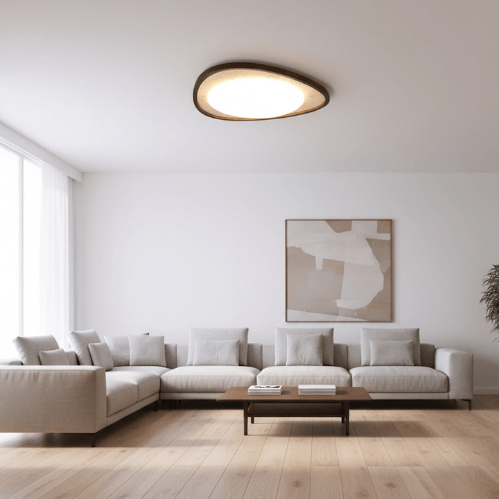 Travertine Ceiling Light Pebble Shape Walnut Rim 22.8 in Set of 2 4