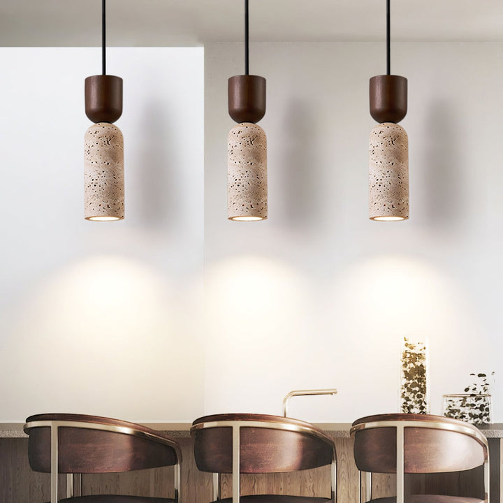 Travertine Column Pendant Light Walnut Cap 2.6 in Set of 2 6