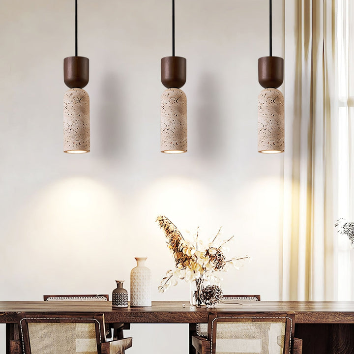 Travertine Column Pendant Light Walnut Cap 2.6 in Set of 2 7