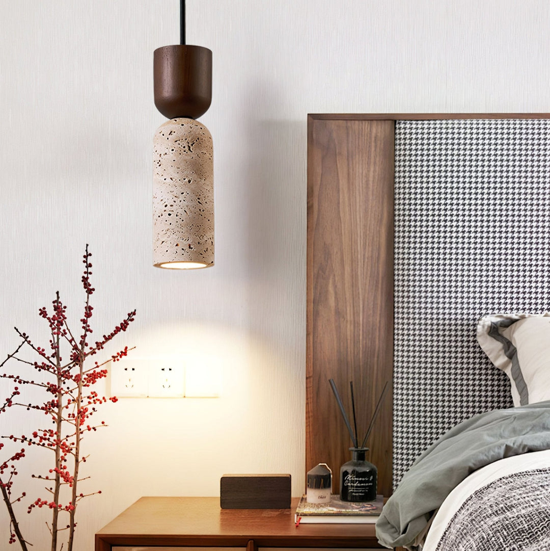 Travertine Column Pendant Light Walnut Cap 2.6 in Set of 2 8